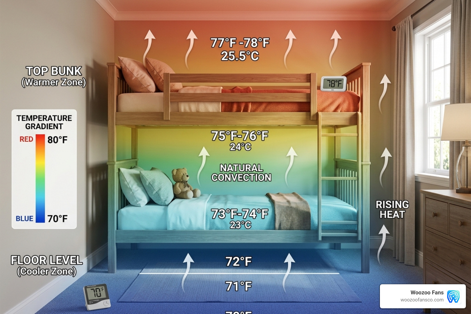 Diagram showing heat distribution in bunk beds where top bunk is 5-10 degrees warmer than floor - Best Woozoo Fan Holders