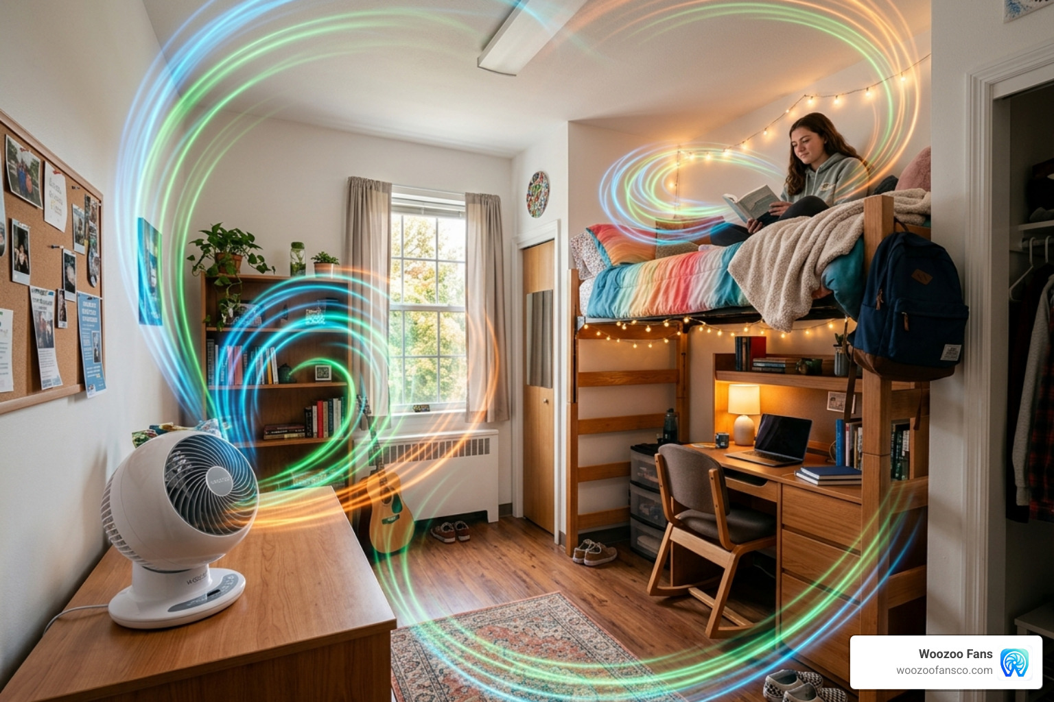 Spiral airflow pattern demonstrating whole-room circulation in a compact dorm space - Woozoo Fan for Dorm Room