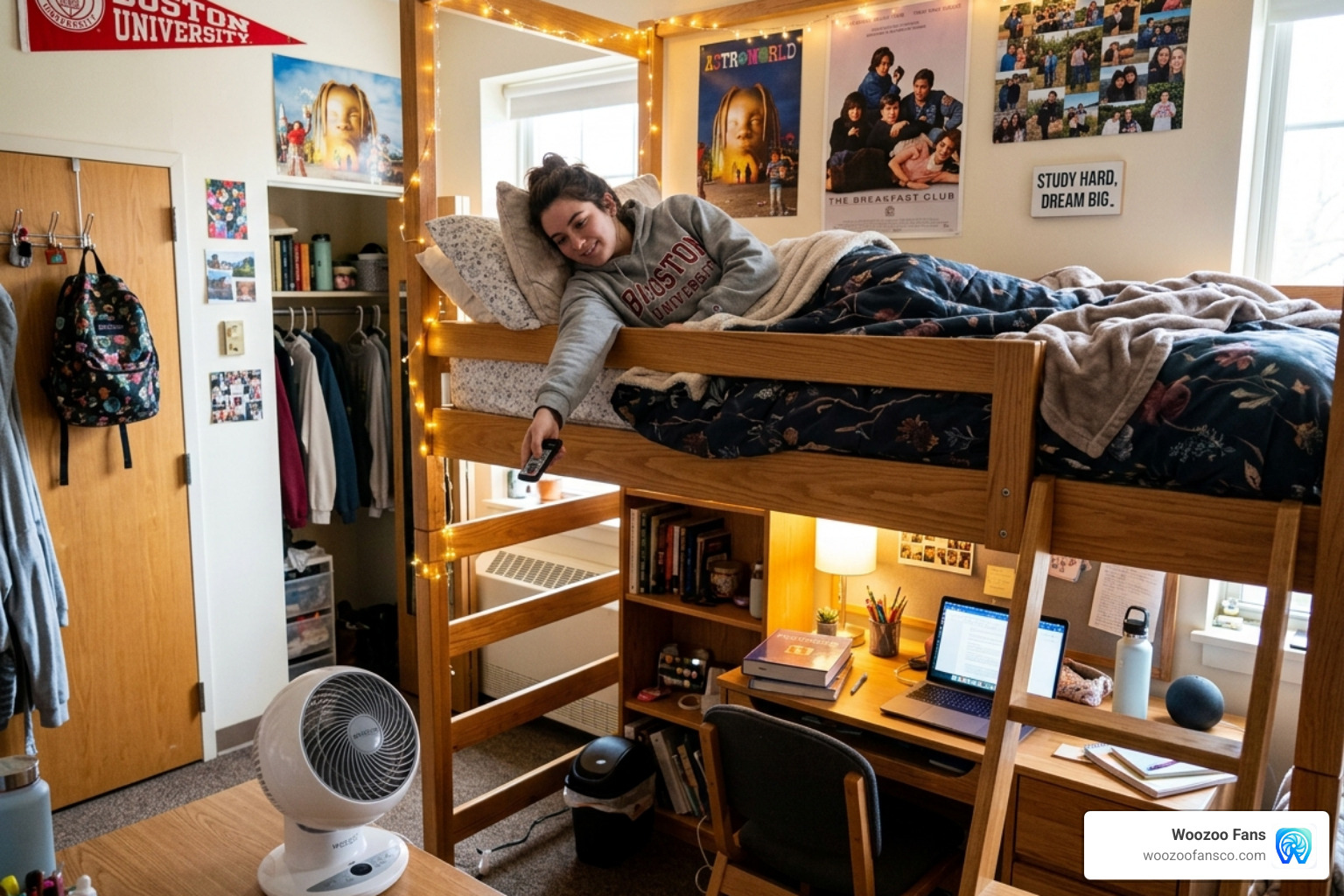 Student using a remote control to adjust their Woozoo fan from a lofted bed - Woozoo Fan for Dorm Room