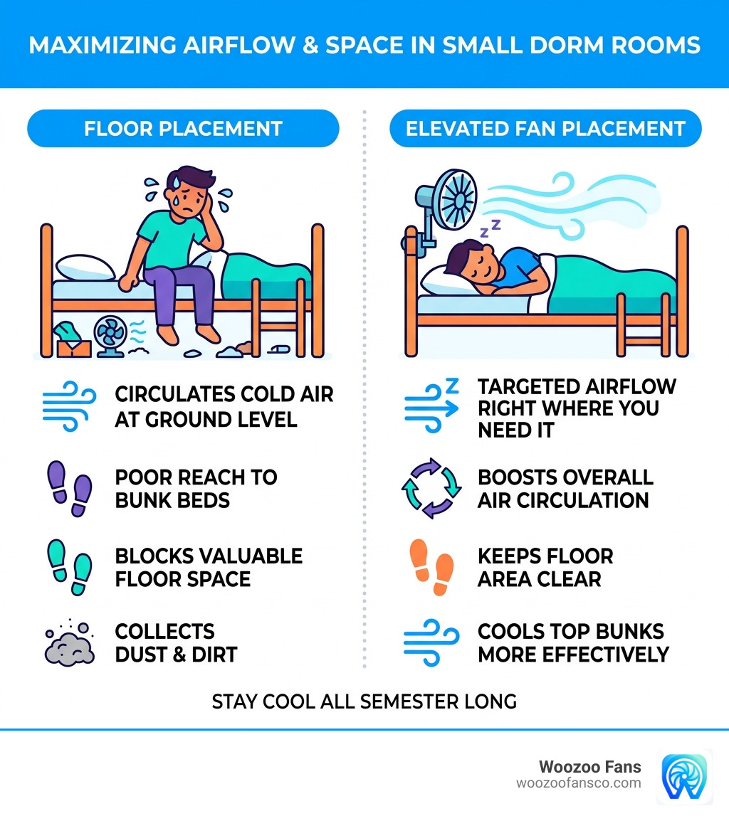 Infographic showing benefits of elevated fan placement in small dorm rooms vs floor placement - Best Woozoo Fan Holders for
