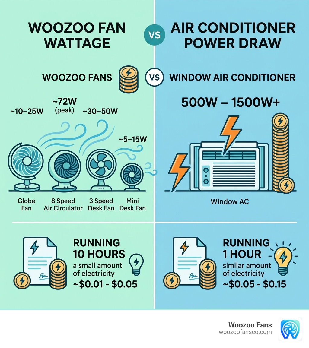 Woozoo fan wattage vs air conditioner power draw infographic comparison chart - woozoo fan energy consumption All Models